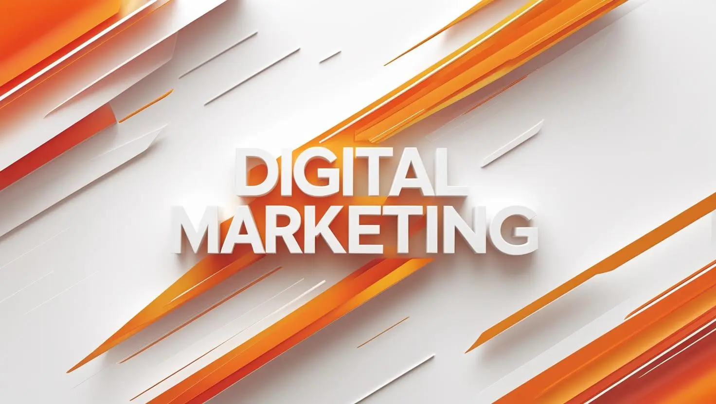 “DIGITAL MARKETING” in bold white uppercase letters centered over layered angular shapes in orange, white, and gray—evoking motion, innovation, and strategic clarity. A modern visual crafted by the best digital marketing freelancer in Idukki, where design meets data to drive brand growth and online impact.