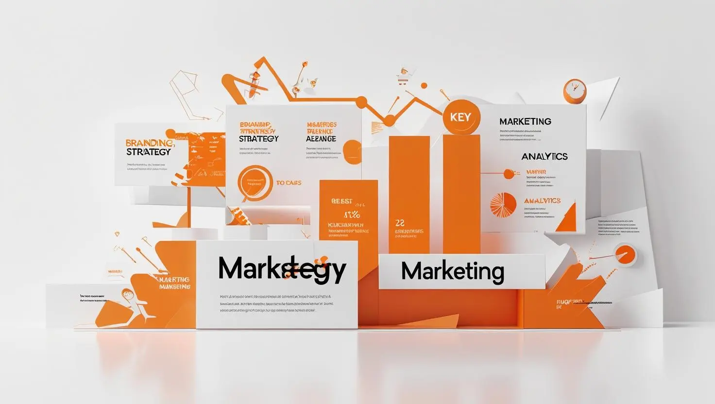 infographic with white background and vibrant orange accents, showcasing key components of a marketing strategy—Strategy, Creative, Analytics, Digital, Media, and Marketegy—arranged in geometric boxes with directional arrows and icons. A visually dynamic layout from the best digital marketing freelancer in Idukki, blending design, data, and storytelling to deliver results-driven campaigns.
